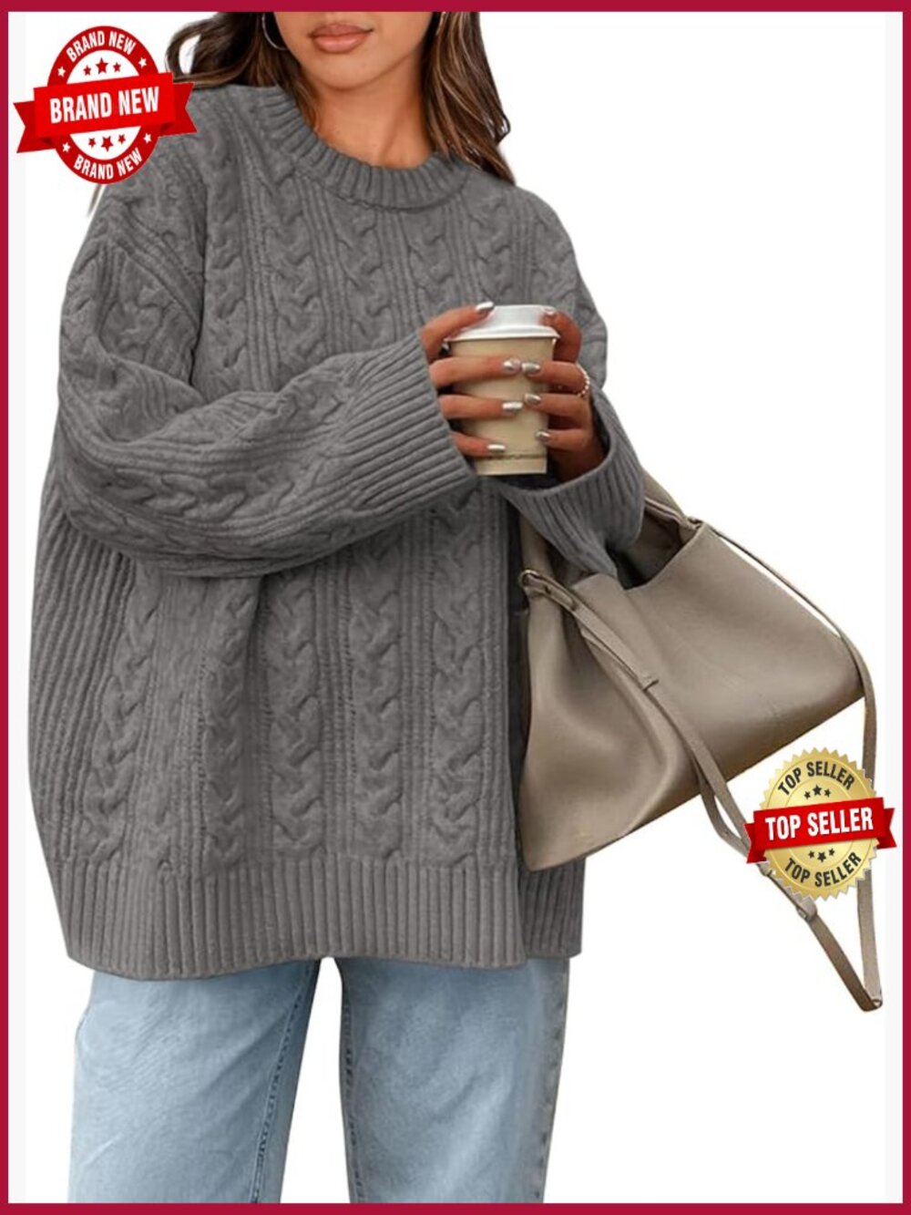 Oversized Crewneck Cable Knit Pullover Sweater Loose Fit